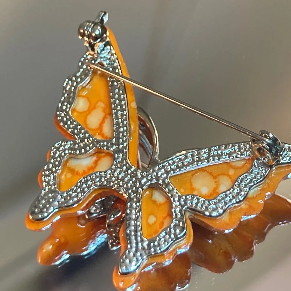 Orange Enamel Butterfly Brooch Rhinestone Silver Tone Insect Pin Marbled Wing